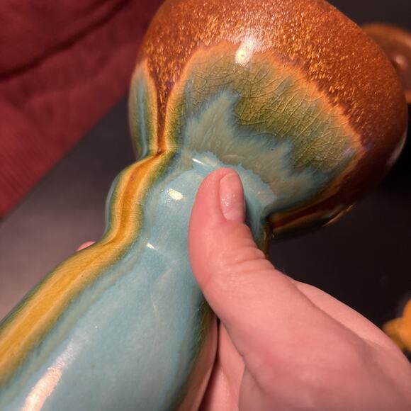 Set Of Three Ceramic Turquoise And Brown Glaze Candle Holders - Picture 16 of 16